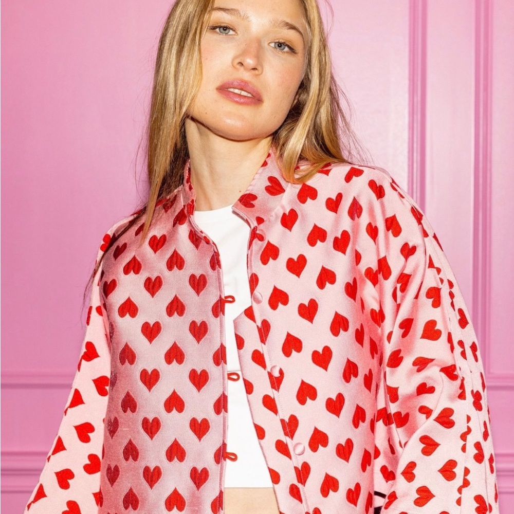 La Vie Style House pink and red heart cropped jacket